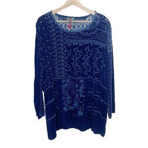 Johnny Was Boho Lace Blue Embroidered Eyelet Cut Out Tunic Top Blouse Small